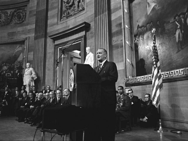 President Lyndon B. Johnson gives his remarks before signing the Voting Rights Act. (credit: LBJ Library)