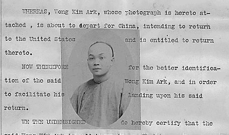 black and white print of Wong Kim Ark layered on top of typed text