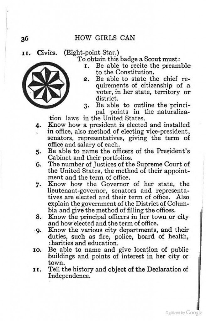 Page from 1913 Girl Scout handbook showing Civics badge questions.