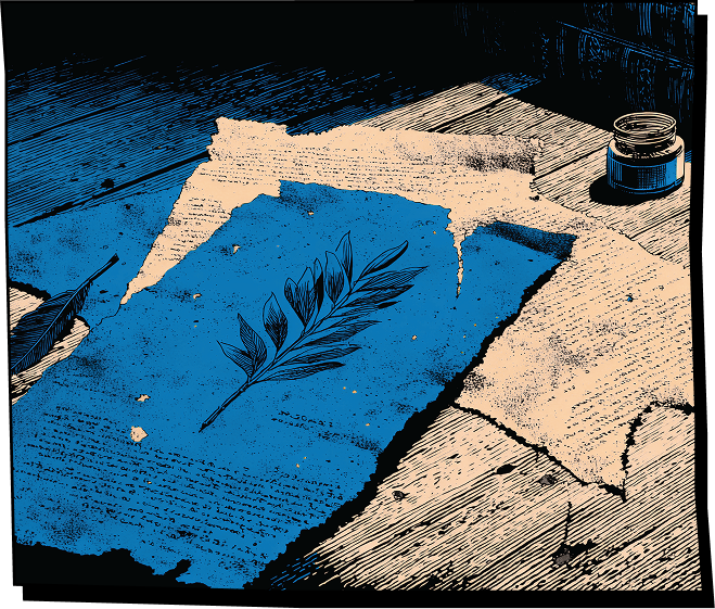 Illustration of a quill lying on a parchment