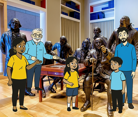 Cartoon family visiting Signers Hall