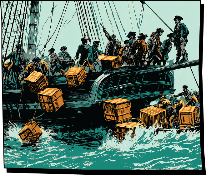 Illustration of rebels dumping crates of tea off a ship during the Boston Tea Party