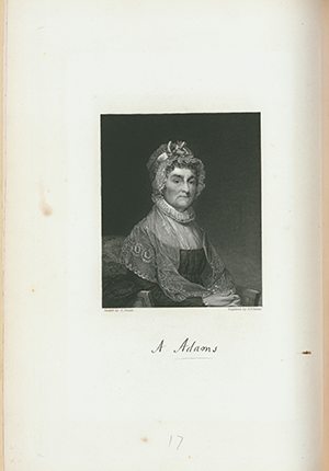 Engraving by G.F. Storm and artist Gilbert Stuart of Abigail Adams seated hands, torso, and head, 1880.