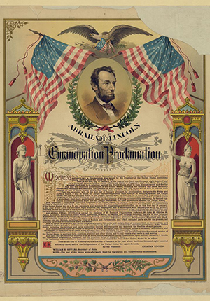 Chromolithograph of Emancipation Proclamation text with two U.S. flags and eagle over head-and-shoulders portrait of Abraham Lincoln with allegorical figures of Justice and Liberty statues.