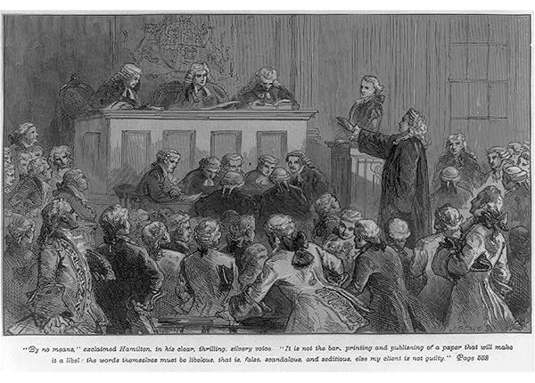 Wood engraving of illustration by unknown artist of courtroom scene, created between 1877 and 1896.