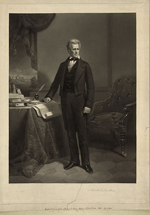 painting by D.M. Carter, engraved by A.H. Ritchie. of Andrew Jackson, full-length portrait, standing, 1860