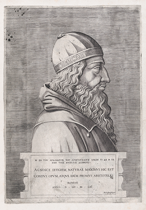Engraving, Aristotle from "speculum romanae magnificentiae," mid-16th century.