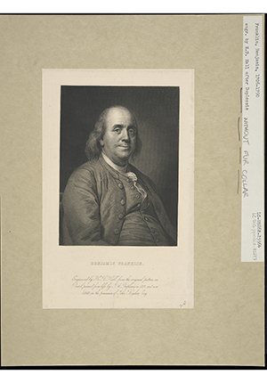 Engraving by H.B. Hall from picture painted by J.A. Duplessis of Benjamin Franklin, portrait, head and shoulders, 1868.