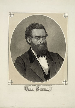 Lithograph by Christian Inger, artist, of Carl Schurz, head-and-shoulders portrait, 1872.