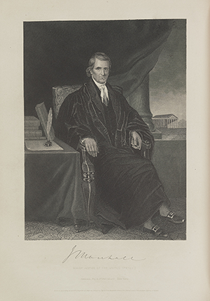 Full-length portrait of John Marshall, seated, based on painting by Alonzo Chappel, 1864."