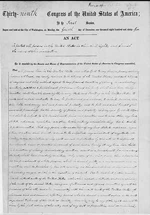 Title page with printed and handwritten text, "Thirty-ninth Congress of the United States of America; At the First Session, Begun and held at the City of Washington, on Monday, the fourth day of December, one thousand eight hundred and sixty-five."