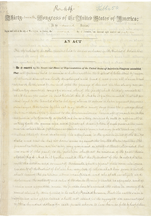 Page one of mostly hand-written bill signed by President Abraham Lincoln on April 16, 1862 ending slavery in the District of Columbia. The title reads, 'Thirty seventh congress of the United States of America, At the Second Session, Begun and held at the city of Washington, on Monday, the second day of December, one thousand eight hundred and sixty one.'