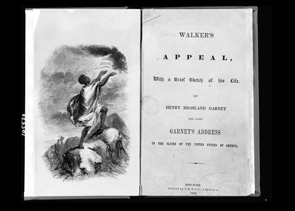 title page with wood engraving illustration of scene showing man on top of mountain with his hands raised to paper labelled "libertas justitia" which appears in the sky, 1848
