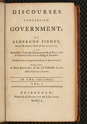 Title page from Discourses Concerning Government, 1750.