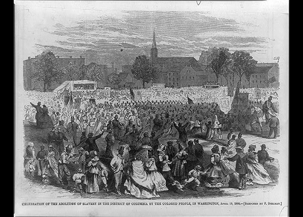 Wood engraving by Frederick, Dielman, 1866, large crowd of African Americans celebrating the abolition of slavery in Washington, D.C.