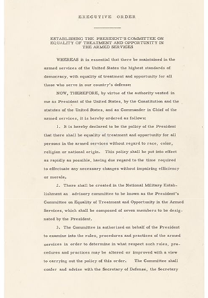 Typed two page document titled, "Executive Order, Establishing the President's Committee on Equality of Treatment and Opportunity in the Armed Services."