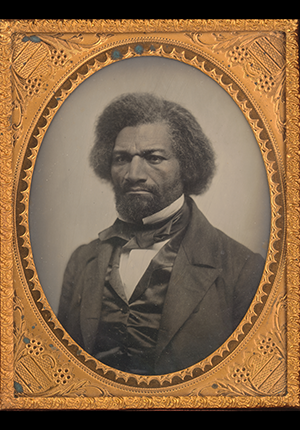 Quarter-plate ambrotype by unidentified artist of Frederick Douglass, head-and-shoulder portrait in brass frame, 1856.
