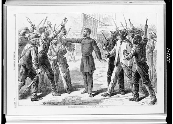 Wood engraving by Alfred Waud, artist. A man representing the Freedman's Bureau stands between armed groups of Euro-Americans and Afro-Americans.