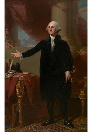 Oil painting by Gilbert Stuart of George Washington, full length standing portrait, 1796.