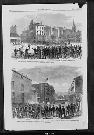 Two illustrations sketched by Theodore R. Davis of riots in New Orleans, 1866.
