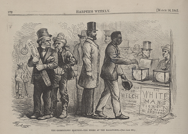 Wood engraving illustration by Thomas Nast showing at top of page, several men at a polling place where an African American man places his ballot in the box. On the bottom, a woman is holding a child on top of her head, with four vignette views of "new" hairstyles.