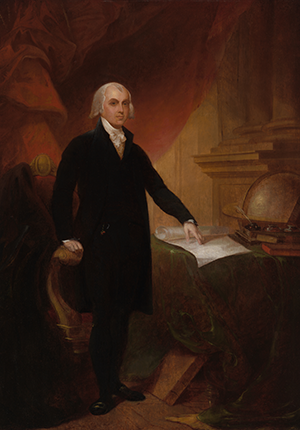 Oil painting by Thomas Sully of James Madison standing at table with documents and globe, 1809.