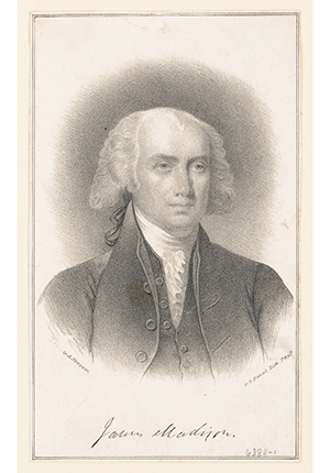 Print by lithographer Peter Duval and artist Albert Newsam of James Madison, head-and-shoulders portrait.