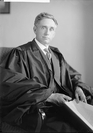 Justice Louis D. Brandeis, seated three-quarter portrait in judicial robes. Photo by Harris and Ewing.