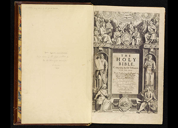 Illustration with figures, title page of the King James Bible