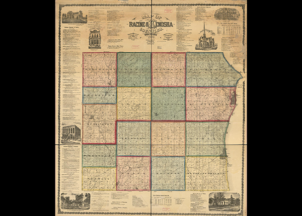 Lithograph print of Racine and Kenosha counties, Wisconsin.