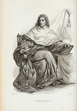 Engraving by unknown artist of Montesquieu, full-body, sitting at table with book in hand.