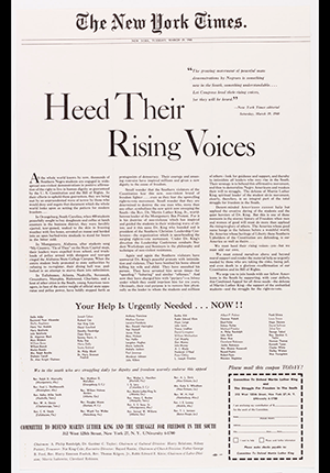 The New York Times newspaper dated Tuesday, March 29, 1960 with 'Heed Their Rising Voices' in large font followed by text appealing for financial support to defend MLK.