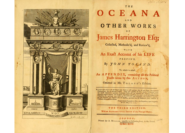 Tile page of book Oceana and other works by James Harrington. Illustration on left page of spread.