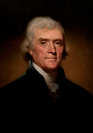 oil painting on canvas of Thomas Jefferson, head-and-shoulders portrait, by artist Rembrandt Peale, 1801