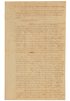 Handwritten petition "To the Senate and House of Representatives of the United States," signed by Benjamin Franklin on February 3, 1790.