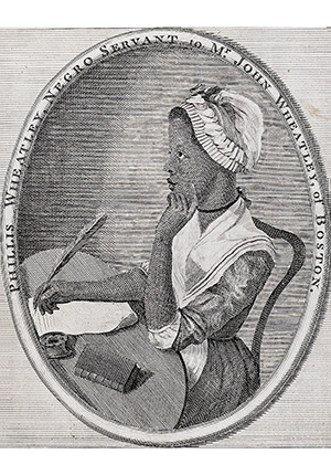Engraving by Scipio Moorhead, 1773, of Phillis Wheatley, half-length portrait, seated at desk with pen and paper.