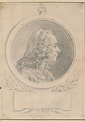 Graphite pencil drawing of portrait of Voltaire by Augustin de Saint-Aubin for transfer to a copper plate for engraving. The verso of the sheet is covered in red chalk: a further deposit of the transfer process.