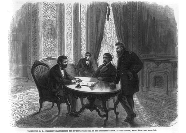 Wood engraving illustration of President Grant signing the Ku-Klux Force Bill in the President's room with Secretary Robeson and Gen. Porter, at the Capitol, April 20.