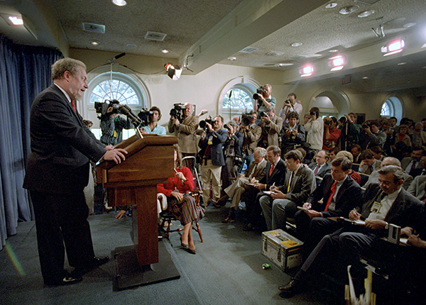 Judge Robert Bork making remarks to the press during a briefing in the press room.