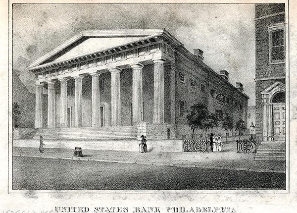 Lithograph from 1835 of a view of the United States Bank located at 420 Chestnut Street in Philadelphia, 1835.