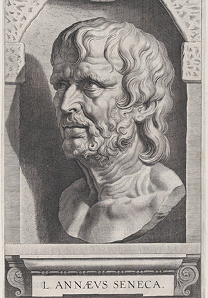 Engraving, bust of Seneca, in a stonework niche, by Cornelis Galle I.