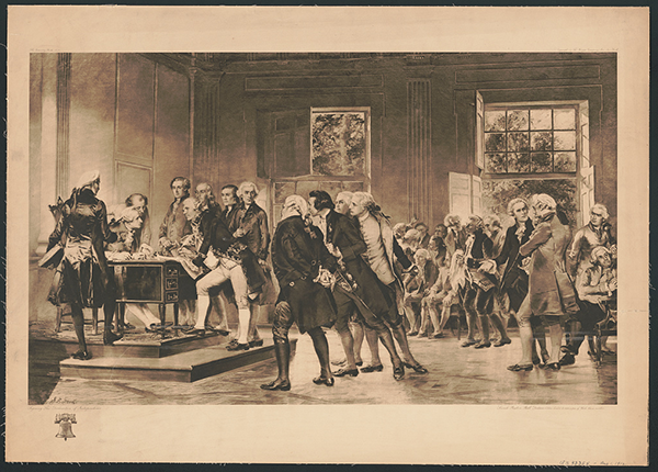 1912, photogravure print by Dodson, S. of signing the Declaration of Independence.