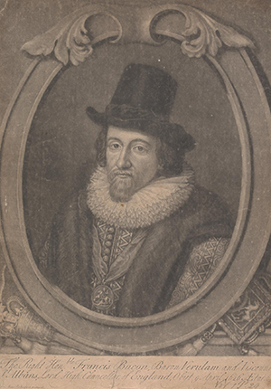 Mezzotint print on beige paper of Sir Francis Bacon by anonymous artist.