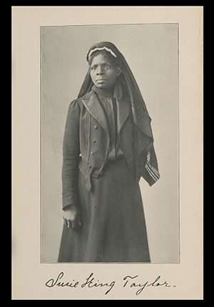 Halftone portrait of Susie King Taylor standing. wearing uniform.