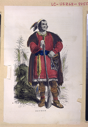 wood engraving print, hand-colored, by unknown artist of Tecumseh, Shawnee Chief, full-length portrait, standing, holding rifle, between 1860-1900