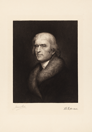 Etching on paper by Jacques Reich, portrait of Thomas Jefferson, 1902.