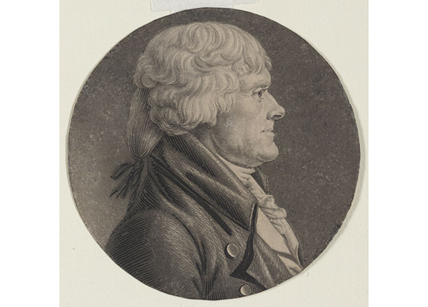 Engraving by artist Saint-Mémin, Charles Balthazar Julien Fevret of Thomas Jefferson, head-and-shoulders portrait, 1805.