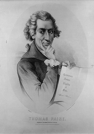 Lithograph of drawing by Peter Kramer of Thomas Paine, head and shoulders portrait, resting head on hand, 1851.