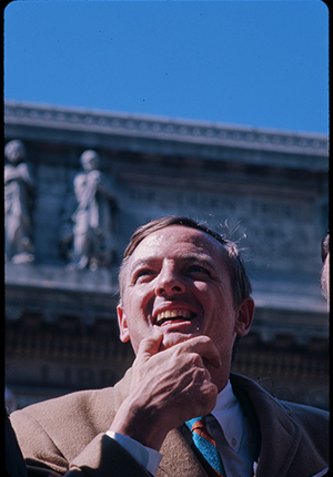 William F. Buckley, 1968, at outdoor rally, NYC.