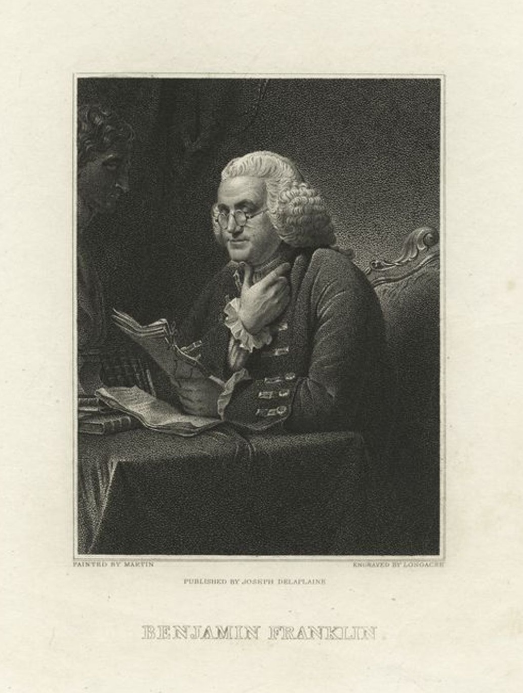 Etching of Franklin reading